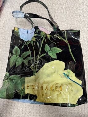 Ted Baker Black Patent Tote with Yellow Rose and Blue Dragonfly
